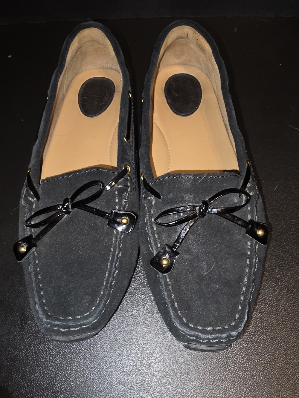 Clarks Black Suede Bow-Trim Loafers with Gold Studs
